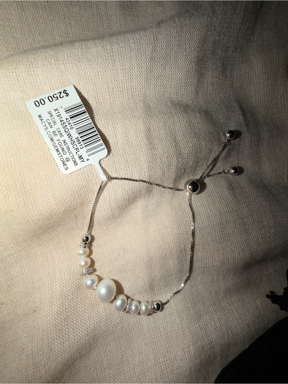 Macys Freshwater Pearl Slider Bracelet - White Pearls on Silver Chain